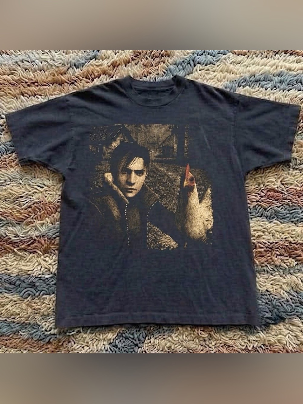 Retro Black Short Sleeve Tee with Sepia Portrait and Rooster Accent